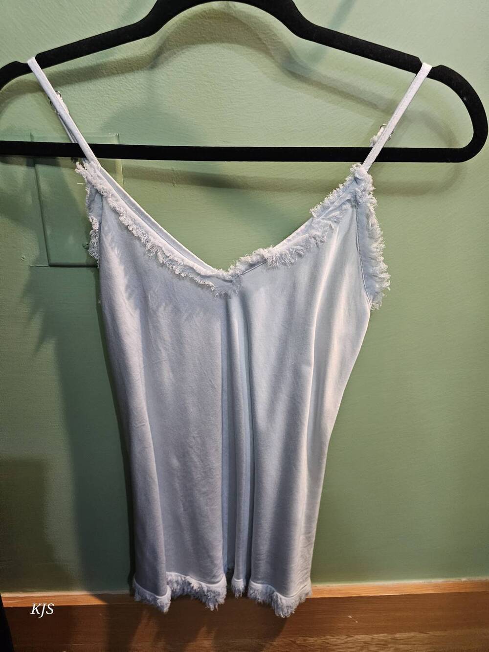 NEW MADE IN ITALY women's silk cami with fringe in light blue